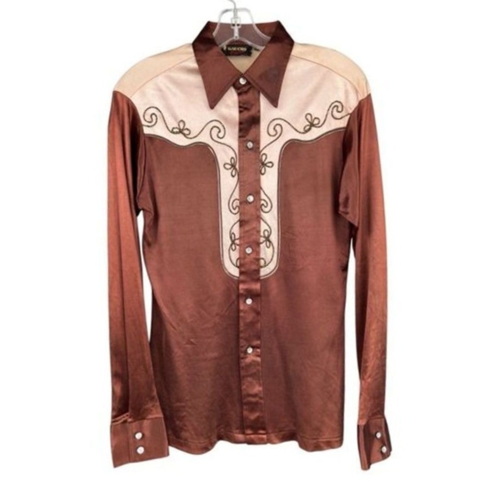 Gaucho Originals Western Shirt‎ Mens M Brown Fair Embroidered Satin Vintage 70s